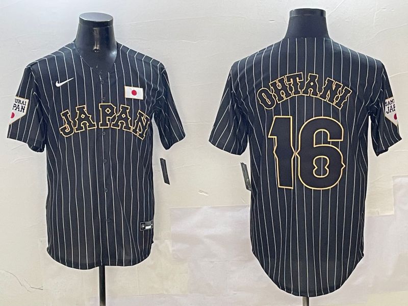 Men 2025 World Cub Japan #16 Ohtani Black Stripe Nike MLB Jersey style 1